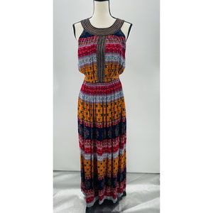 Patrons of Peace Sleeveless Elastic Waist Multicolor  Beaded Neckline Maxi Dress
